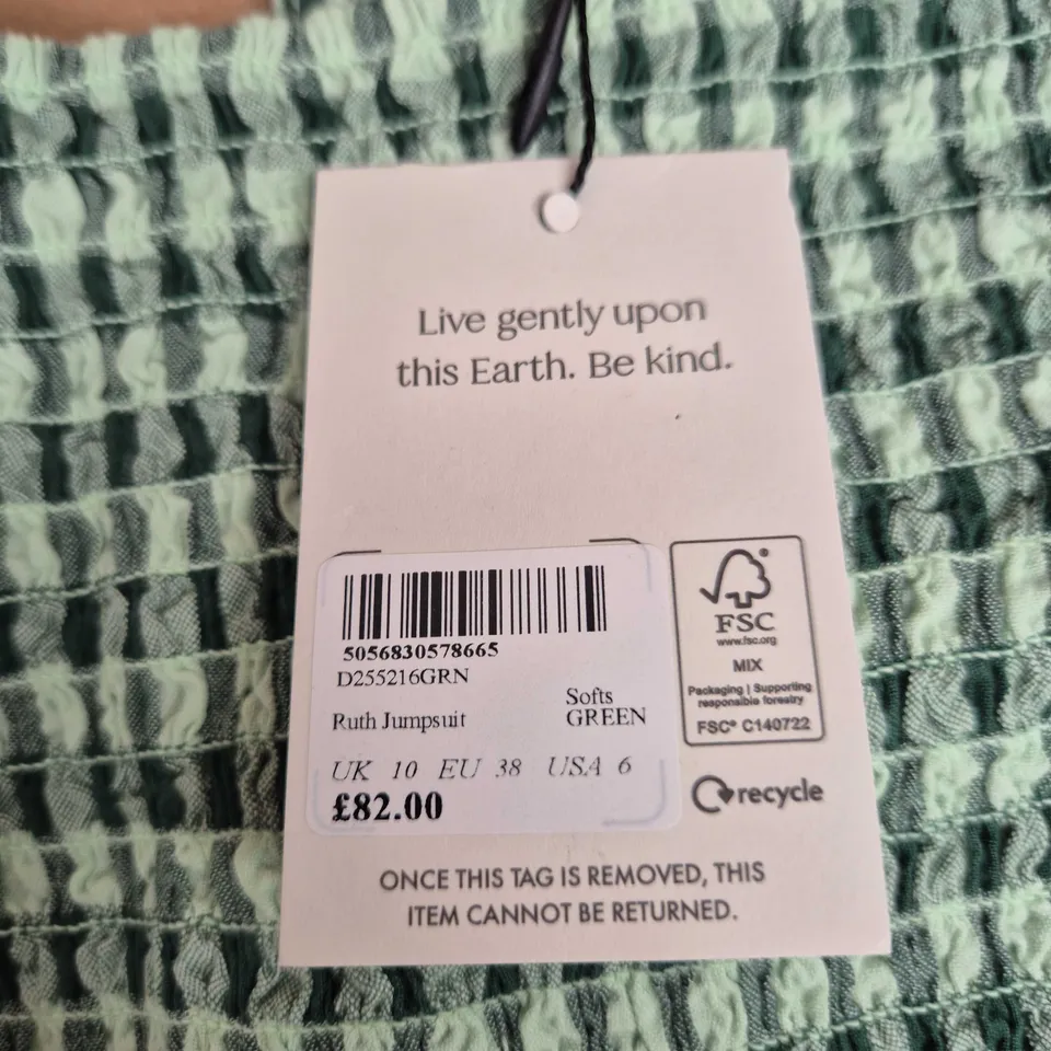 NOBODY'S CHILD GREEN GINGHAM DRESS, UK 10 (EU 38, USA 6) – RUTH JUMPSUIT LABEL (VERIFY MODEL)