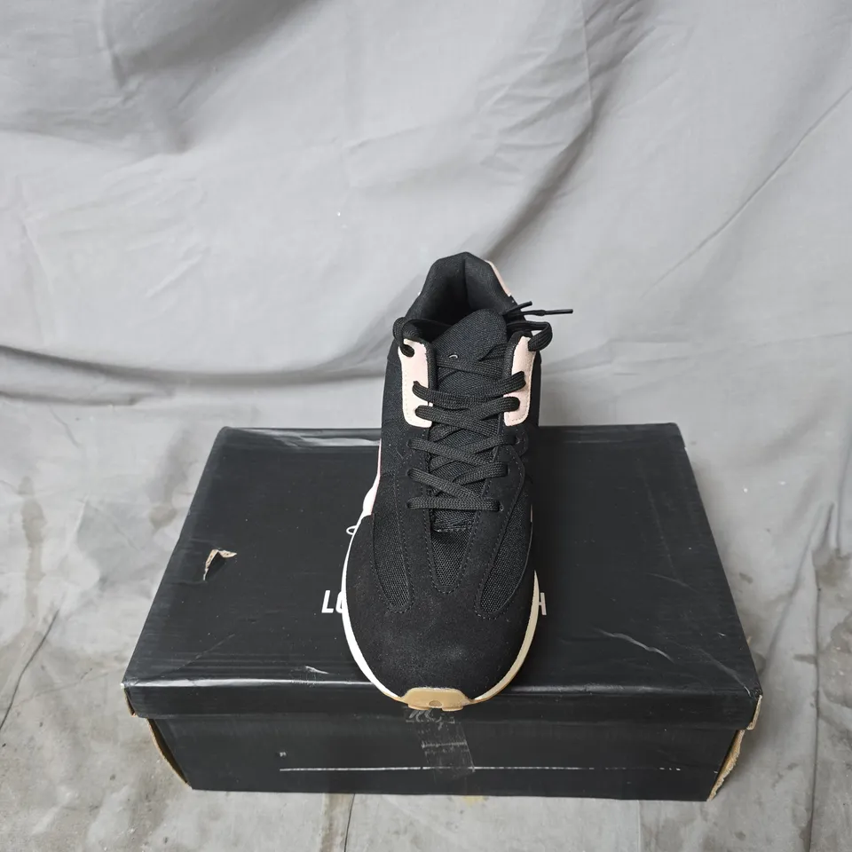 LOYALTY AND FAITH BLACK TRAINERS WITH PINK ACCENTS, BOXED SIZE 7