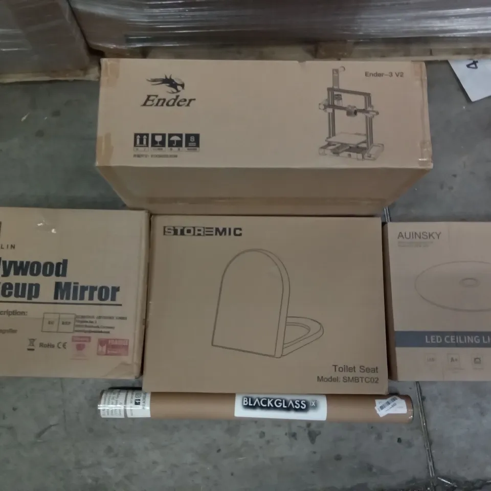PALLET OF ASSORTED ITEMS INCLUDING STOREMIC TOILET SEAT, HOLLYWOOD MAKEUP MIRROR, AUINSKY LED CEILING LIGHTING, BLACK GLASS IX, ENDER 3D PRINTER