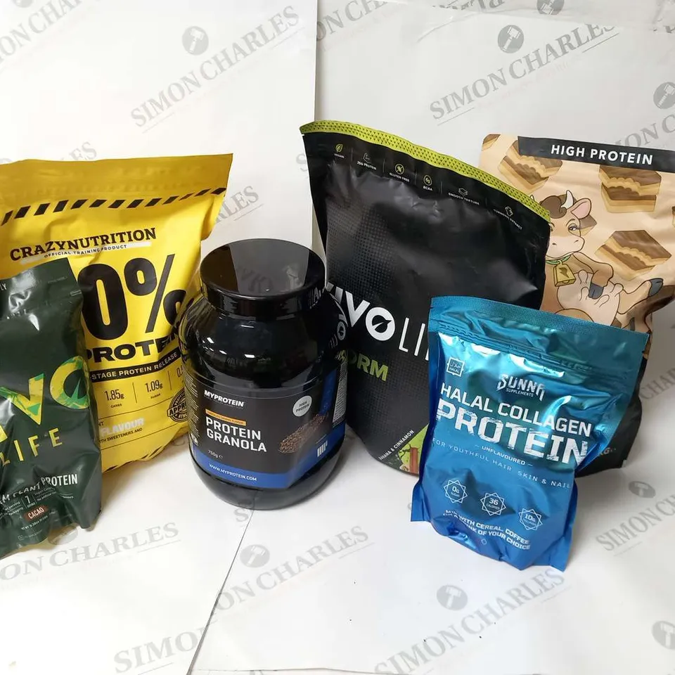 APPROXIMATELY SEVEN ASSORTED PROTEIN BASED SUPPLEMENTS TO INCLUDE; FAT COW, SUNNA, VIVO LIFE, MY PROTEIN, CRAZY NUTRITION