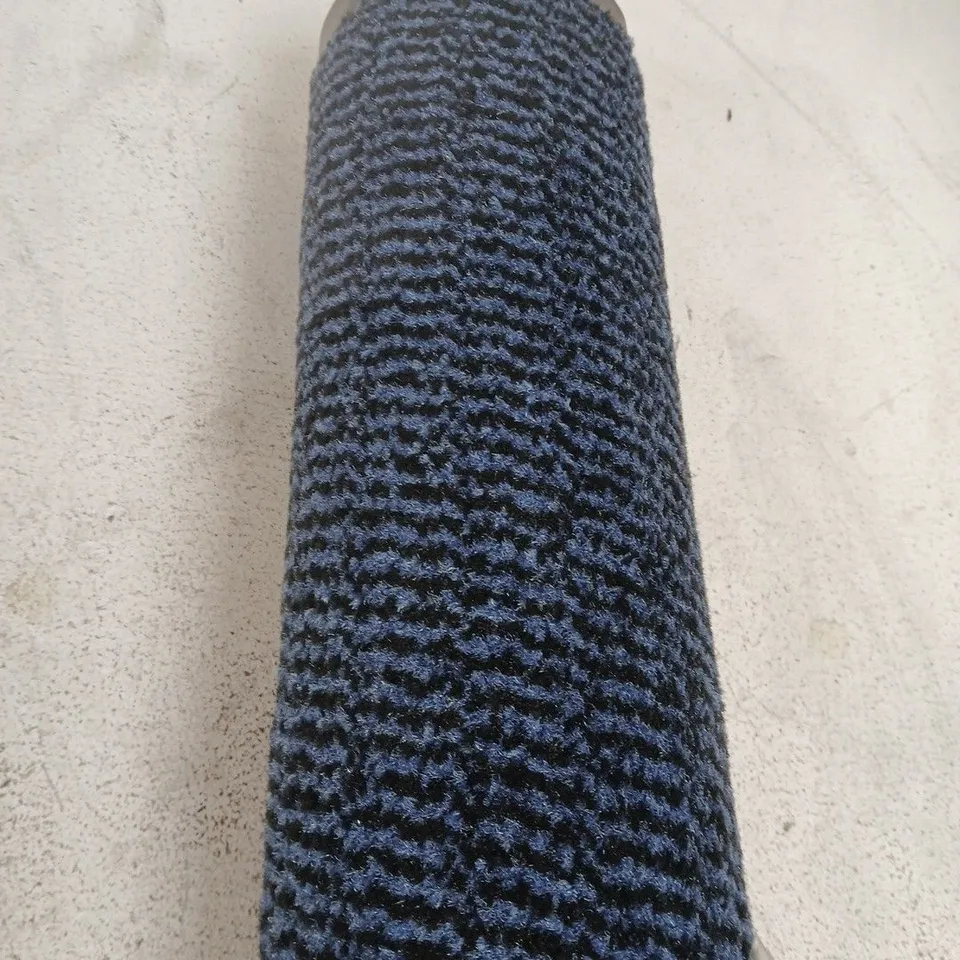 BLUE & BLACK STRIPED WOVEN RUG (SIZE UNSPECIFIED)