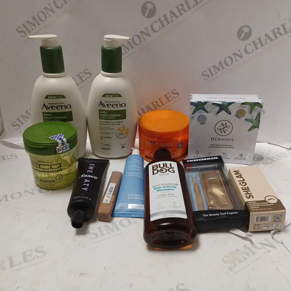 APPROXIMATELY 20 ASSORTED COSMETIC ITEMS TO INCLUDE AVEENO, BULLDOG AND CANTU