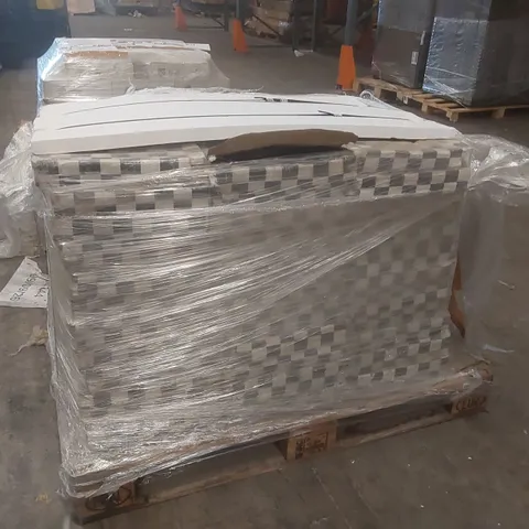 PALLET CONTAINING ASSORTED TILES TO INCLUDE: INDIAN STONE MOSAICS (BLACK AND WHITE BOXES): APPROX. 30 X 30CM SHEETS OF MIXED STONE MOSAICS 70 FULL BOXES: 5 SHEETS PER BOX TOTAL NUMBER OF SHEETS: 350