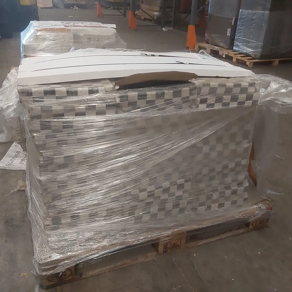 PALLET CONTAINING ASSORTED TILES TO INCLUDE: INDIAN STONE MOSAICS (BLACK AND WHITE BOXES): APPROX. 30 X 30CM SHEETS OF MIXED STONE MOSAICS 70 FULL BOXES: 5 SHEETS PER BOX TOTAL NUMBER OF SHEETS: 350