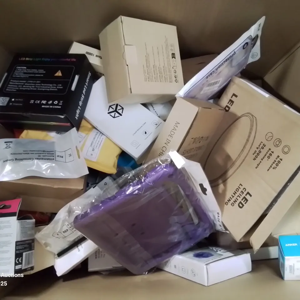 BOX CONTAINING LARGE AMOUNT OF BOXED ELECTRICAL ITEMS TO INCLUDE: HEADPHONES, CHARGING CABLES, PHONE CASES, PHONE HOLDERS, POWER BANKS AND LOTS MORE