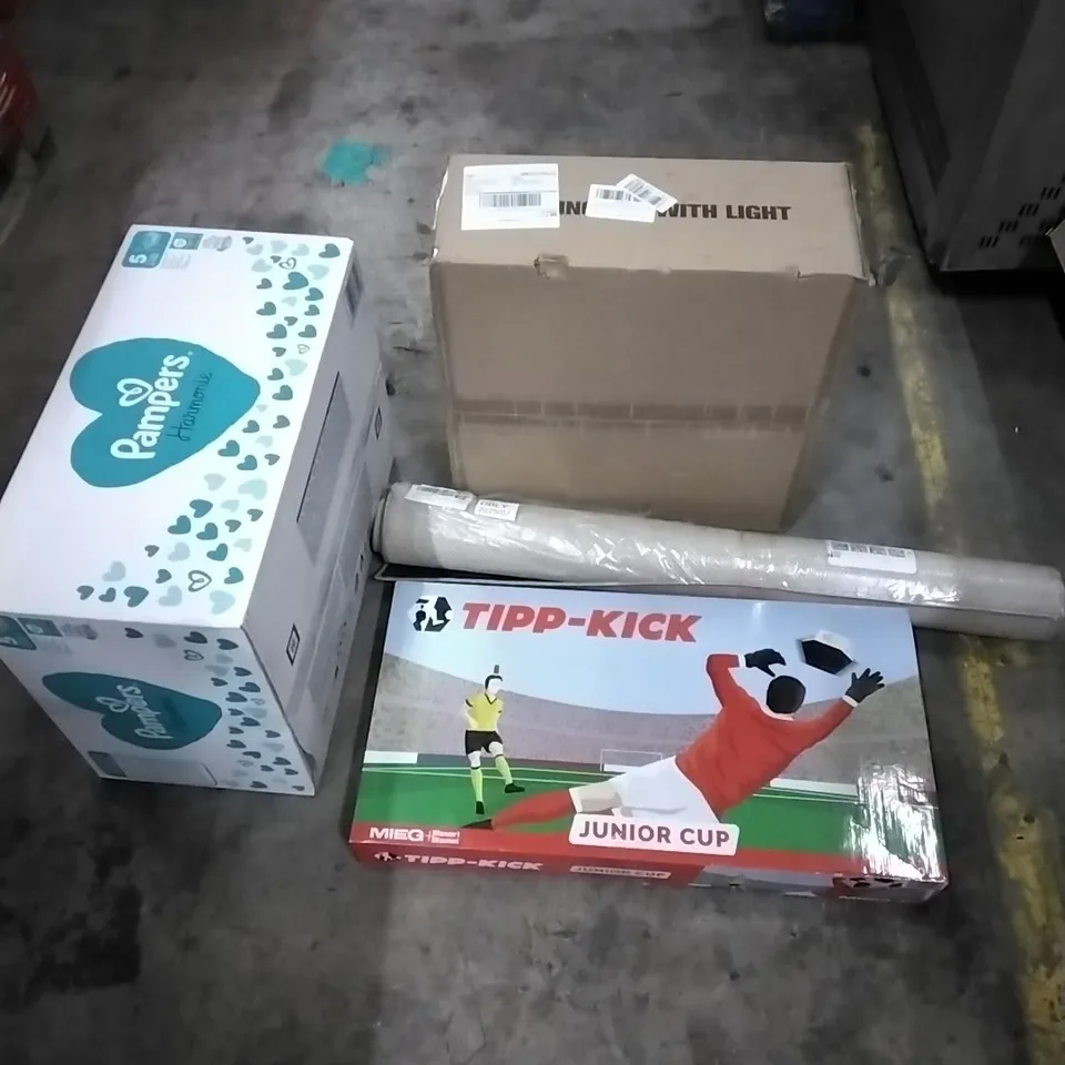 PALLET OF HOUSEHOLD ITEMS TO INCLUDE TIPP KICK,FLOOR MAT,CEILING FAN WITH LIGHT,  PAMPERS AND OTHER ASSORTED ITEMS...