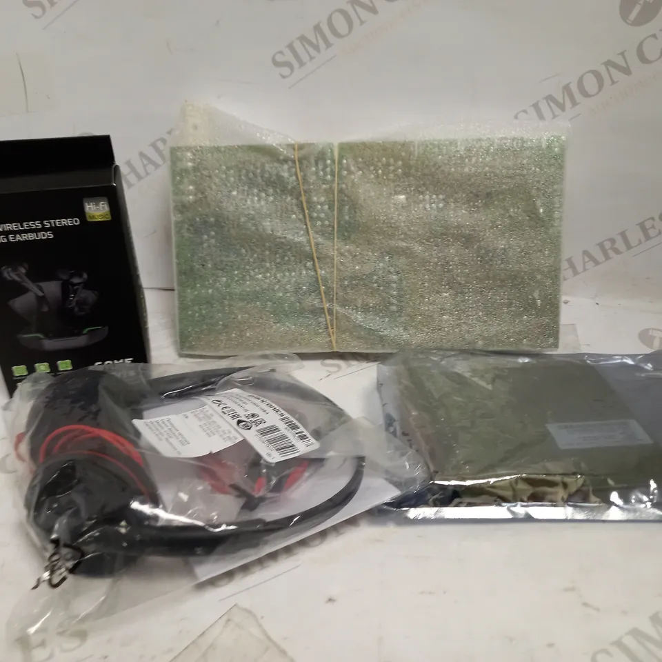 LOT OF APPROXIMATELY 14 ELECTRICAL ITEMS, TO INCLUDE EARBUDS, HEADSET, MOTHERBOARD, ETC