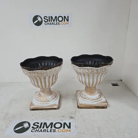 PAIR OF DECORATIVE PLASTIC GARDEN URN PLANTERS, CREAM WITH GILT DETAILING