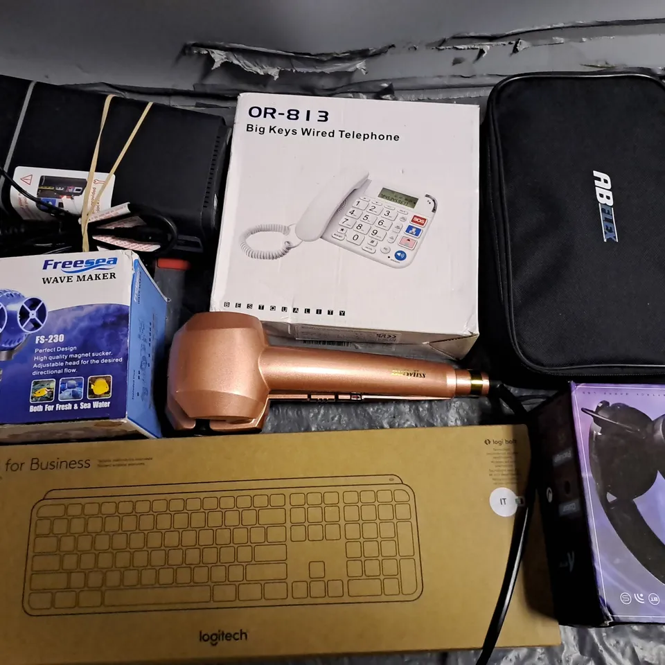 LOT OF APPROXIMATELY 25 ASSORTED ITEMS TO INCLUDE LOGITECH KEYBOARD, WIRED HEADPHONES AND HOME NETWORKING ITEMS