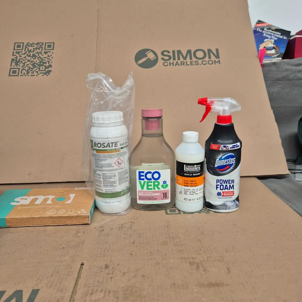 TOTE OF APPROXIMATELY 10 ASSORTED ITEMS INCLUDING DOMESTOS THICK BLEACH, METHOD ANTI-BAC REFILL ALL PURPOSE CLEANER AND COLLEY FLOOR CLEANER