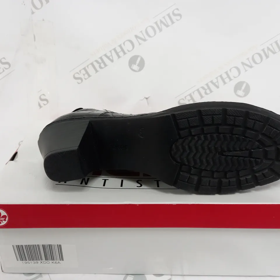 BOXED RIEKER LOW HEELED SHOE BOOTS, BLACK CROC - SIZE 6.5