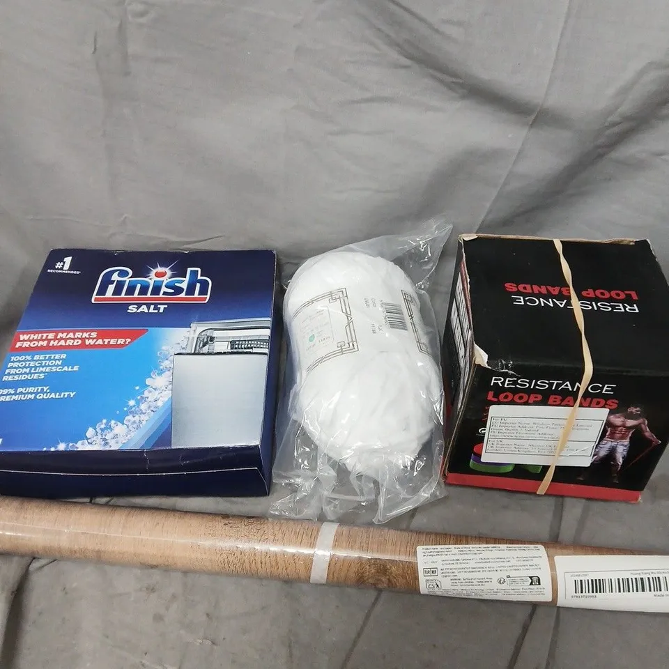 APPROXIMATELY 15 ASSORTED HOUSEHOLD PRODUCTS TO INCLUDE FINISH SALT, WALLPAPER, YARN ETC 