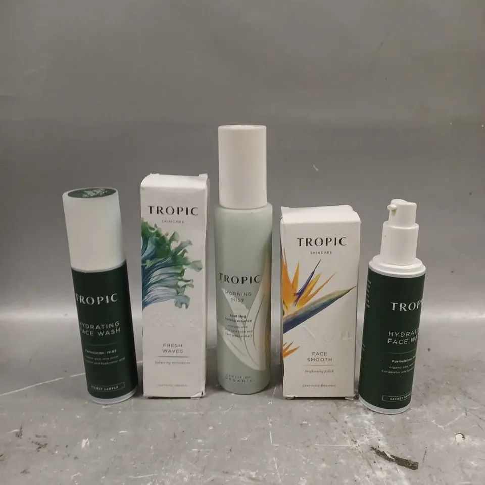 TROPIC SKINCARE LOT OF 5 ASSORTED COSMETIC PRODUCTS TO INCLUDE - HYDRATING FACE WASH - FRESH WAVES BALANCING MOISTURISER - FACE SMOOTH BRIGHTENING POLISH