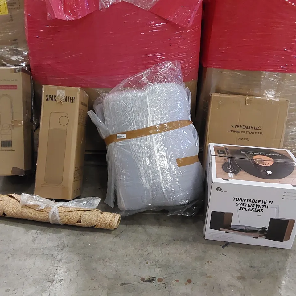PALLET OF ASSORTED ITEMS INCLUDING: TURNTABLE HI-FI SYSTEM WITH SPEAKERS, SPACE HEATER, BLADELESS PURIFIER & HEATER FAN, BEDDING, MAT, TOILET SEAT