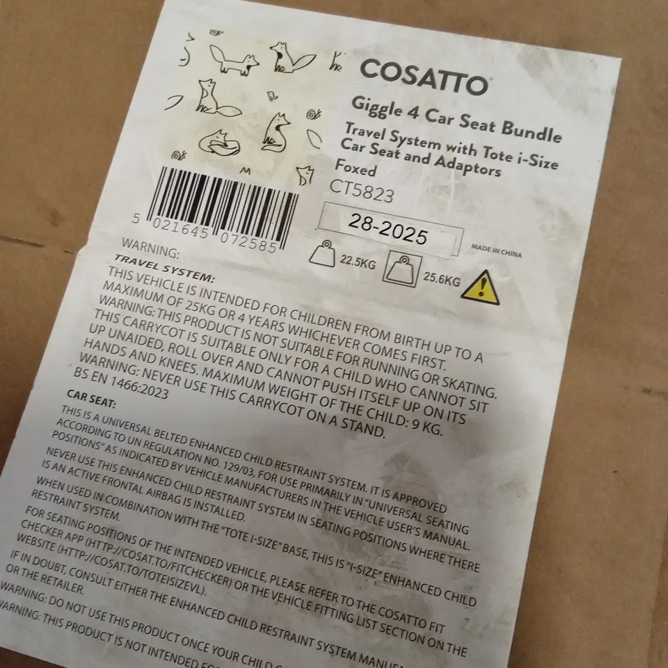 BOXED COSATTO GIGGLE 4 CAR SEAT AND TRAVEL BUNDLE - FOXED (1 BOX)