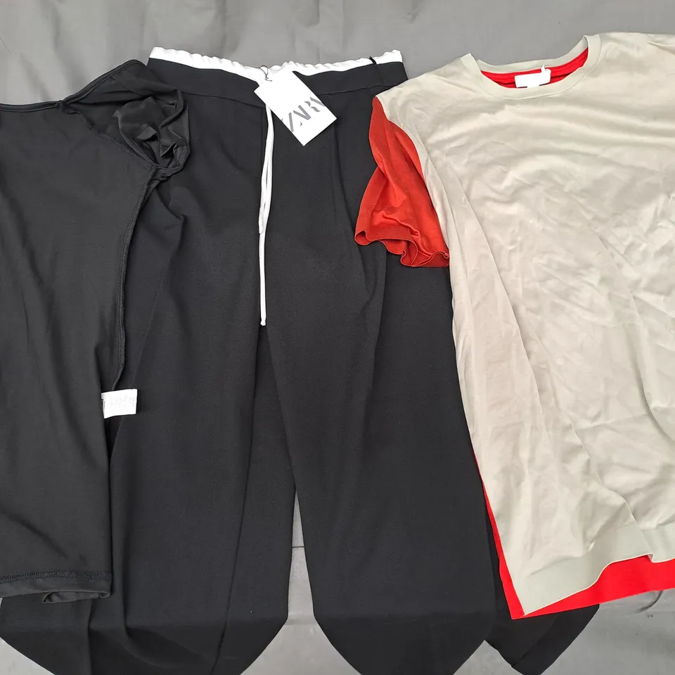BOX OF APPROXIMATELY 25 ASSORTED CLOTHING ITEMS IN VARIOUS STYLES AND SIZES TO INCLUDE SHEIN, ZARA, COS, ETC