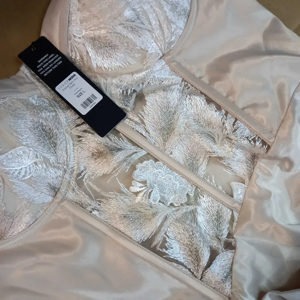 FASHION NOVA CHAMPAGNE SATIN MIDI DRESS - LARGE