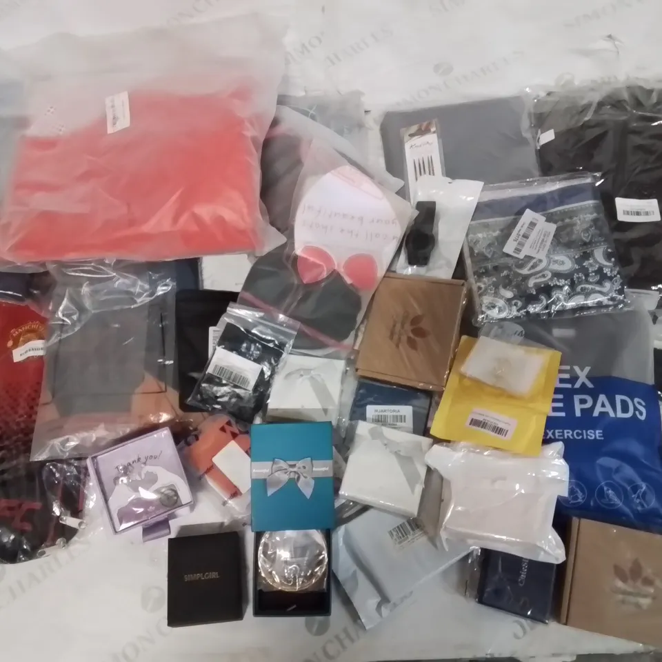 BOX CONTAINING LARGE AMOUNT OF MIXED FASHION ITEMS, SILVER PLATE AND COSTUME JEWELLERY, CLOTHING ITEMS ETC.