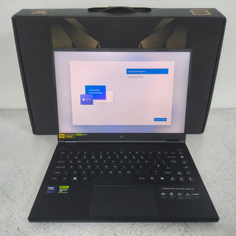 BOXED PREDATOR HELIOS NEO 14 INTEL ULTRA 7 GEFORCE RTX 4060 8GB VRAM 16BG LPDDR5X RAM LAPTOP IN ABYSSAL BLACK - PHN14-51-77Z6