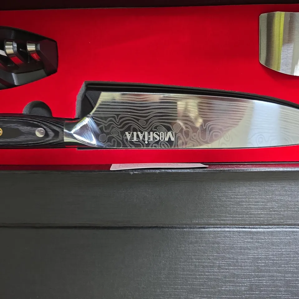 MOSHIA CHEF KNIFE WITH DAMASCUS-PATTERN BLADE – BLACK HANDLE, BOXED