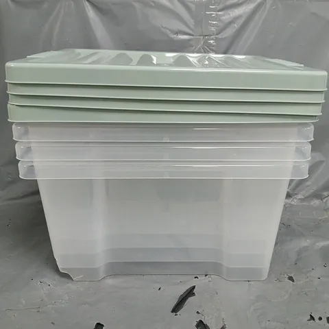 SET OF 4 PLASTIC STORAGE TUBS WITH ENAMEL GREEN COLOURED LIDS