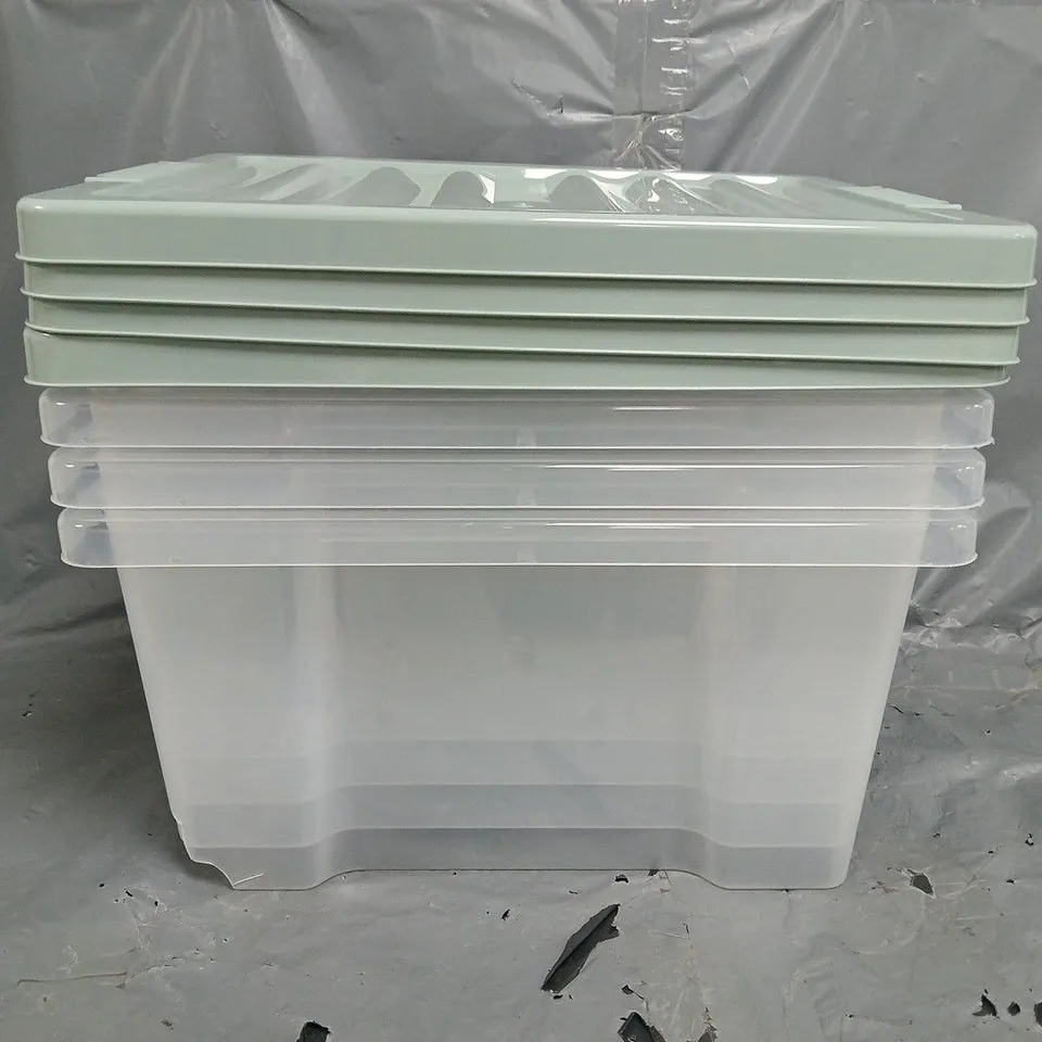 SET OF 4 PLASTIC STORAGE TUBS WITH ENAMEL GREEN COLOURED LIDS