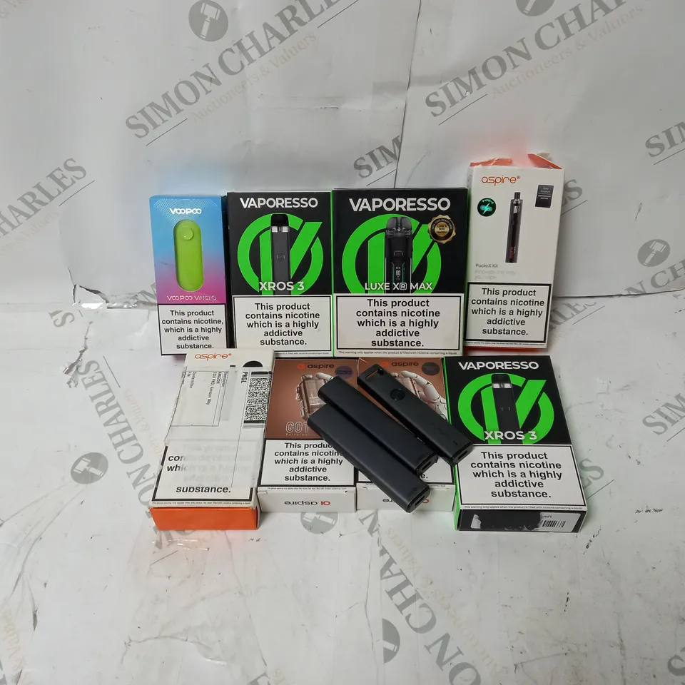 BOX OF APPROXIMATELY 10 ASSORTED E-CIG PRODUCTS TO INCLUDE VAPORESSO, VOOPOO, ASPIRE