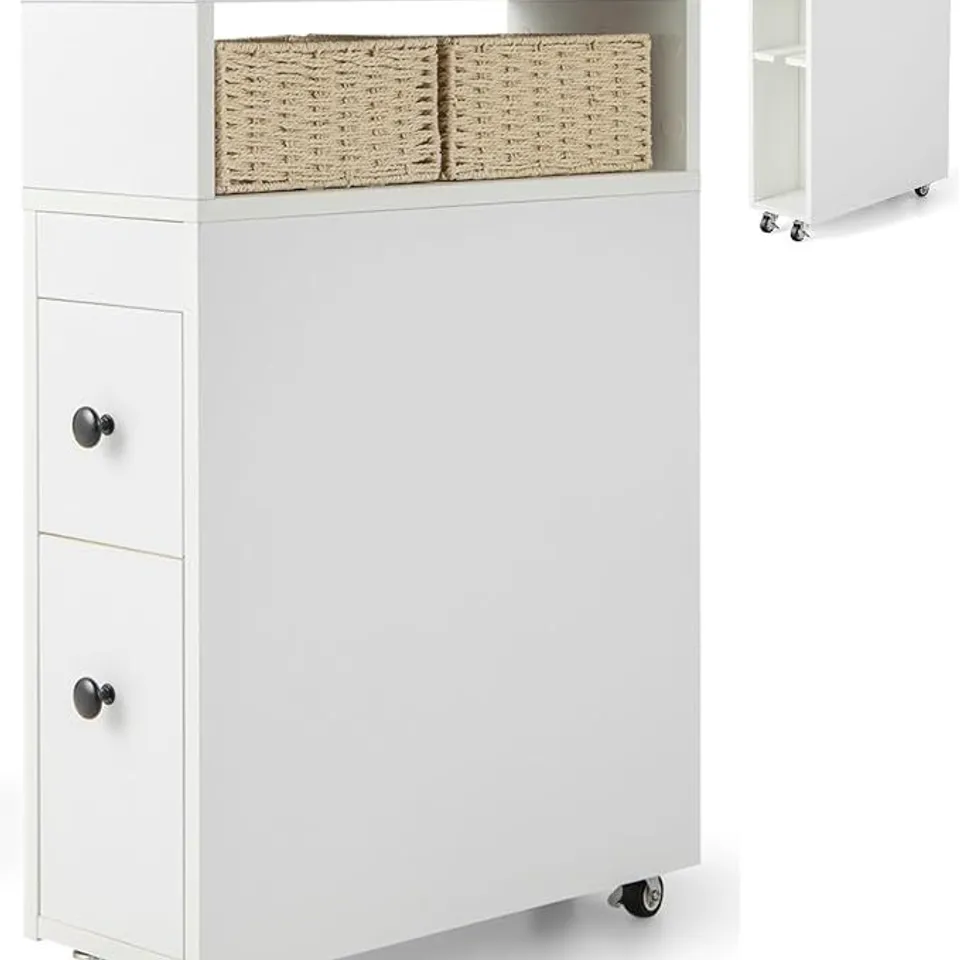 BOXED COSTWAY NARROW BATHROOM CABINET WITH 4 DRAWERS & WHEELS NICHE SHELF BATHROOM CABINET - WHITE