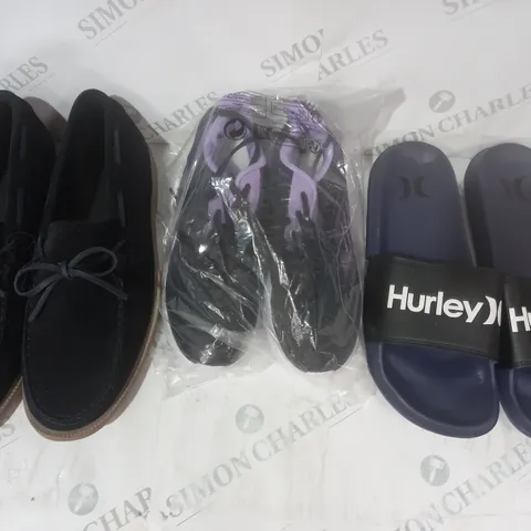 BOX OF APPROXIMATELY 15 ASSORTED PAIRS OF SHOES AND FOOTWEAR ITEMS IN VARIOUS STYLES AND SIZES TO INCLUDE HURLEY, ZARA, ETC