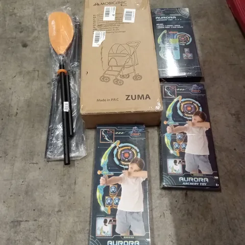 PALLET OF ASSORTED HOUSEHOLD GOODS AND PRODUCTS TO INCLUDE; PADDLES, PRAM, KIDS ARCHERY TOYS ETC