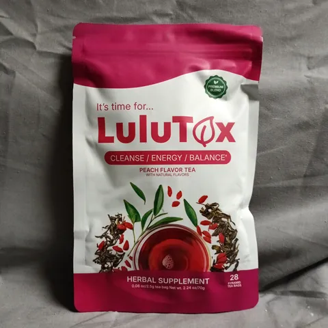 LULUTOX PEACH FLAVOUR TEA HERBAL SUPPLEMENT (28 PYRAMID TEA BAGS)