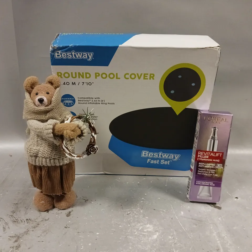 BOX OF APPROXIMATELY 5 ASSORTED ITEMS TO INCLUDE - BESTWAY ROUND POOL COVER , L'OREAL REVIT ALIFT , BEARS IN JUMPERS ETC