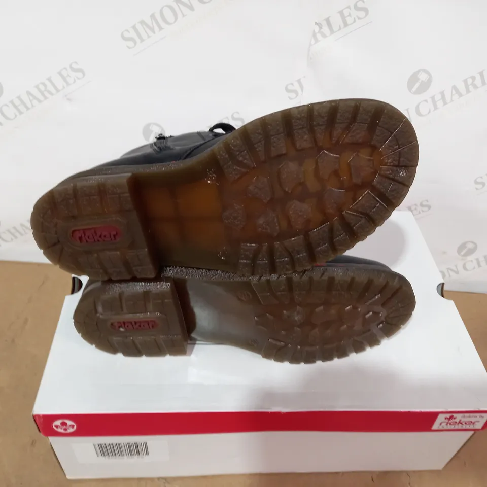 BOXED PAIR OF RIEKER BLACK BOOTS- SIZE 38