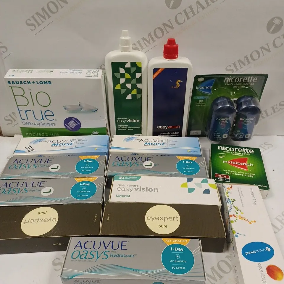 BOX TO CONTAIN APPROX. 30 X ASSORTED VISION CARE & ANTI-SMOKING PRODUCTS. INCLUDES CONTACT LENSES & CLEANING SOLUTION, NICORETTE ANTI-SMOKING PRODUCTS ETC - COLLECTION ONLY