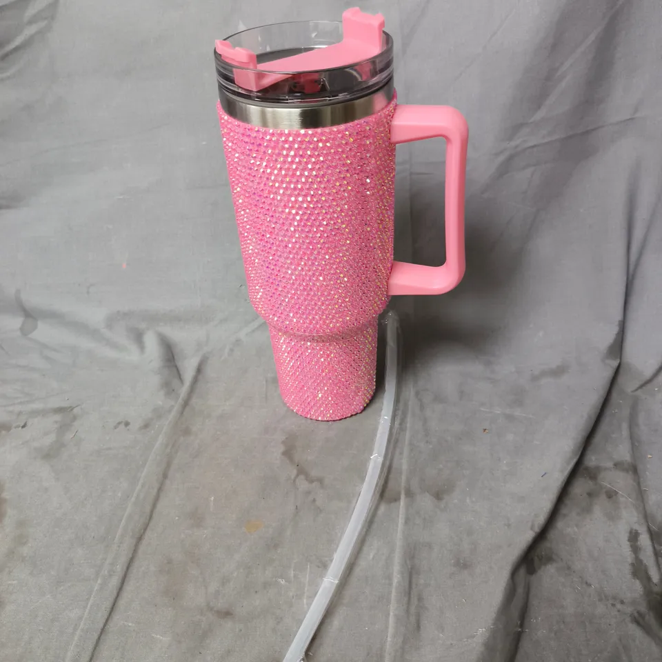 PINK GLITTER TRAVEL TUMBLER WITH PINK HANDLE AND CLEAR LID