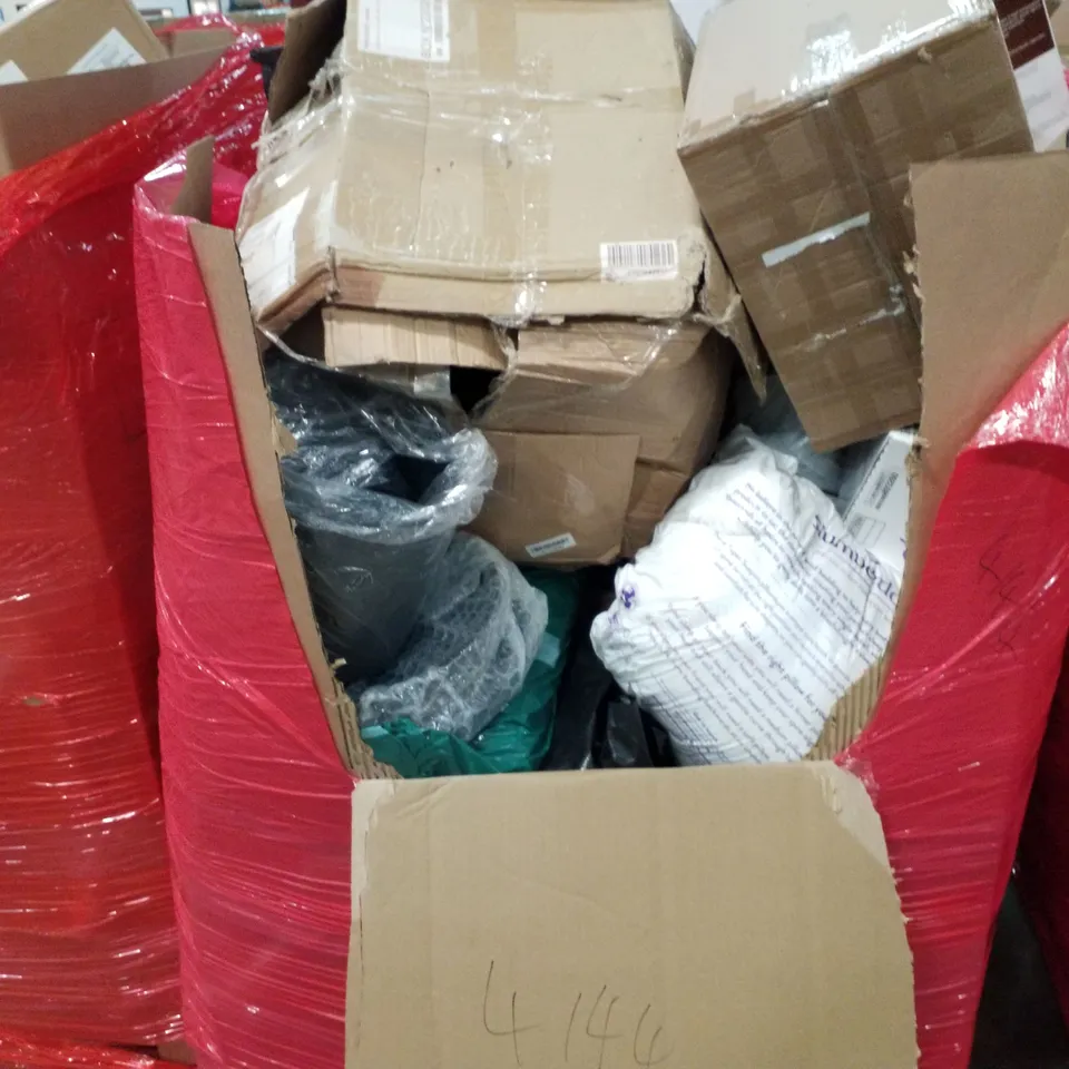 PALLET OF ASSORTED HOUSEHOLD ITEMS AND CONSUMER PRODUCTS TO INCLUDE; BOXED COFFEE MACHINES, FOOD PROCESSOR, DISCREAT UNDERWEAR, TURF RAKE, BOXED FURNITURE ETC 