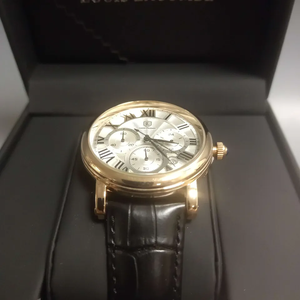 BOXED LOUIS LACOMBE TEXTURED STRAP WRIST WATCH IN BLACK/GOLD
