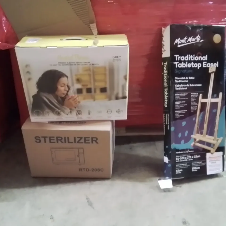 PALLET OF ASSORTED HOUSEHOLD GOODS AND PRODUCTS TO INCLUDE;STERILIZER,TABLETOP EASEL,HEATED THROW