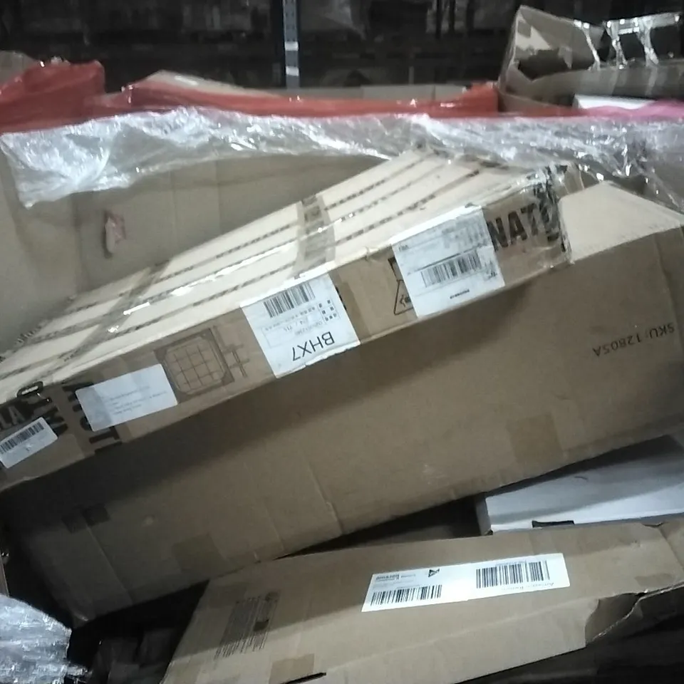 PALLET OF HOUSEHOLD ITEMS TO INCLUDE CHRISTMAS TREES,MUSICAL MOBILE,CEILING LIGHT WITH FAN,GARDEN SHEARS AND OTHER ASSORTED ITEMS...