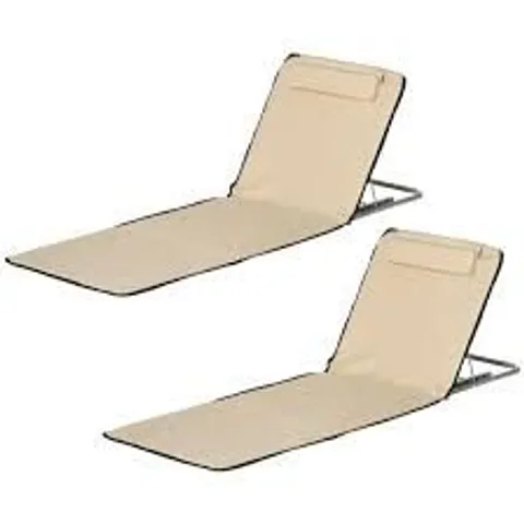 BOXED OUTSUNNY SET OF 2 FOLDABLE GARDEN BEACH CHAIR MAT LIGHTWEIGHT OUTDOOR SUN LOUNGER SEATS ADJUSTABLE BACK METAL FRAME PE FABRIC HEAD PILLOW W/ CARRY BAG, BEIGE