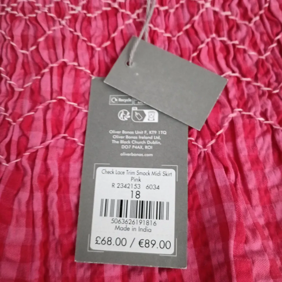 OLIVER BONAS PINK CHECK LACE TRIM SMOCK MIDI SKIRT – UK SIZE 18