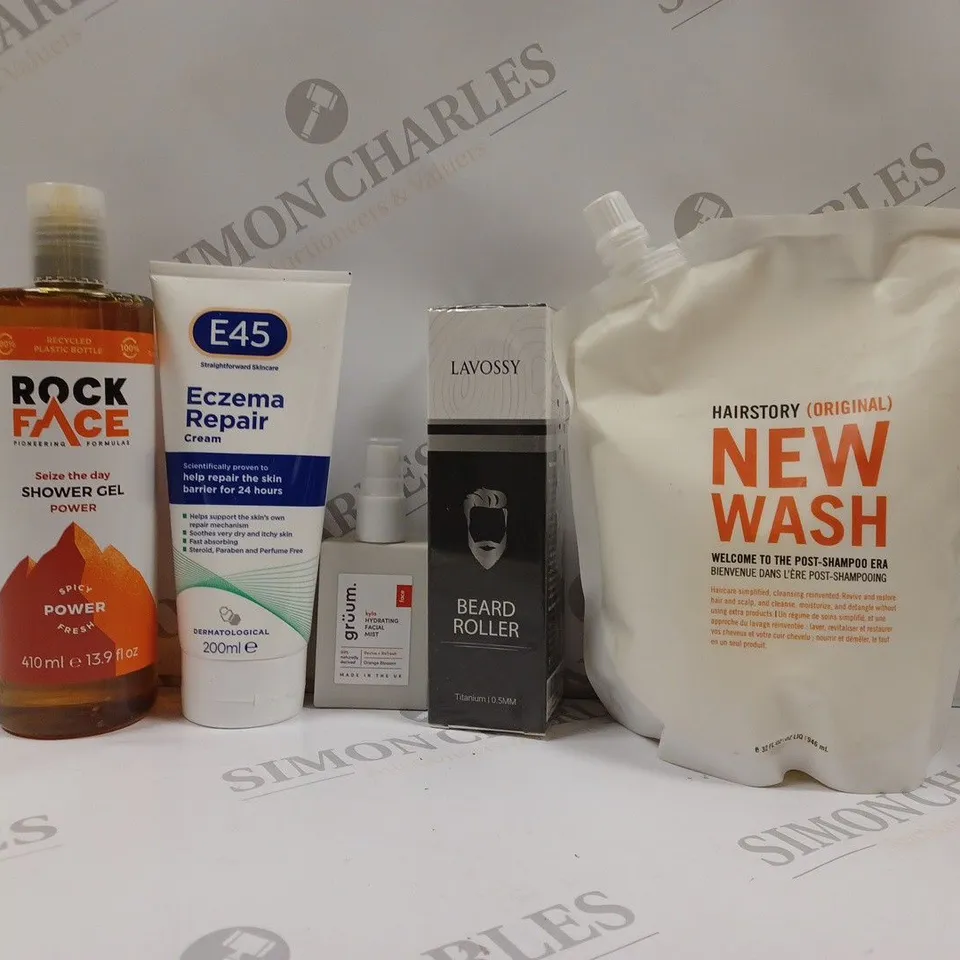 BOX OF APPROX 15 ASSORTED HEALTH AND BEAUTY ITEMS TO INCLUDE - E45 ECZEMA REPAIR - LAVOSSY BEARD ROLLER - HAIRSTORY NEW WASH POST SHAMPOO ECT