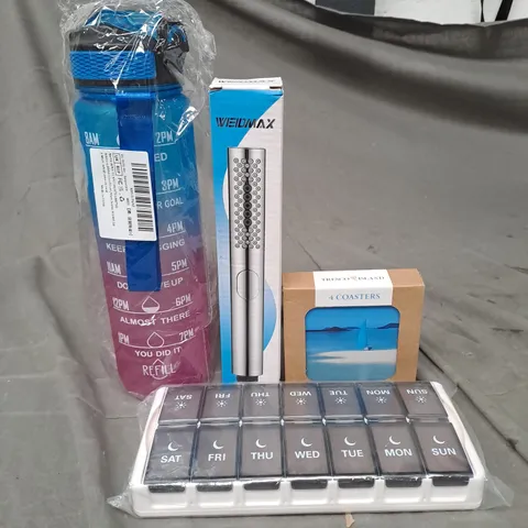 APPROXIMATELY 15 HOUSEHOLD ITEMS TO INCLUDE A DRINKS BOTTLE, PILL SORTER AND COASTERS