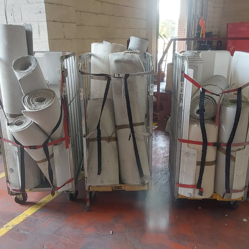 3X CAGES CONTAINING A LARGE ASSORTMENT OF SMALL CARPETS/CARPET CUT-OFFS // CAGES NOT INCLUDED