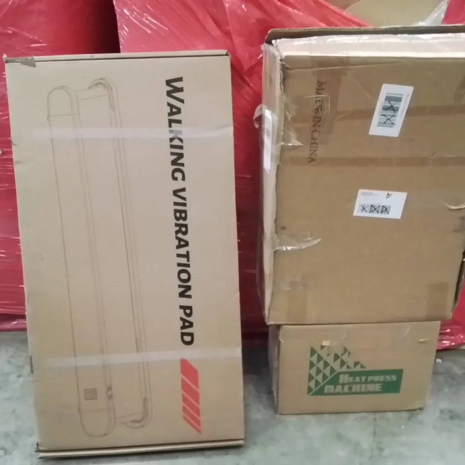 PALLET OF ASSORTED HOUSEHOLD GOODS AND PRODUCTS TO INCLUDE;HEAT PRESS MACHINE,WALKING PAD,BATHROOM SHELF WITH MIRROR 