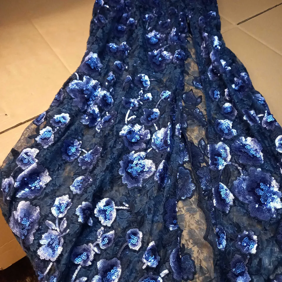 DESIGNER SHEER CORSET BLUE NET/SEQUIN DETAILED STATEMENT DRESS - MEDIUM