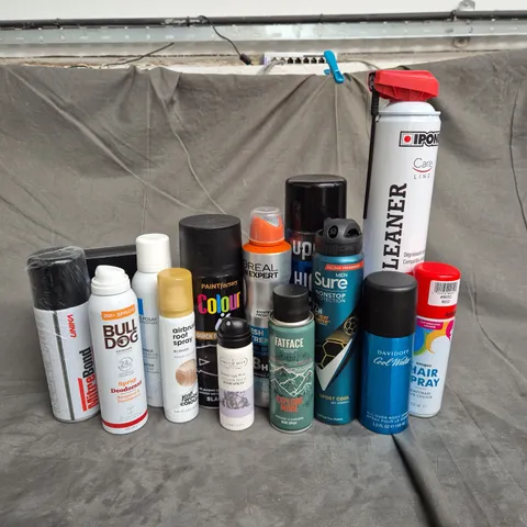 APPROXIMATELY 12 ASSORTED AEROSOLS TO INCLUDE - IPONE CHAIN CLEANER - BULLDOG DEODORANT - FATFACE BODY SPRAY - ETC - COLLECTION ONLY