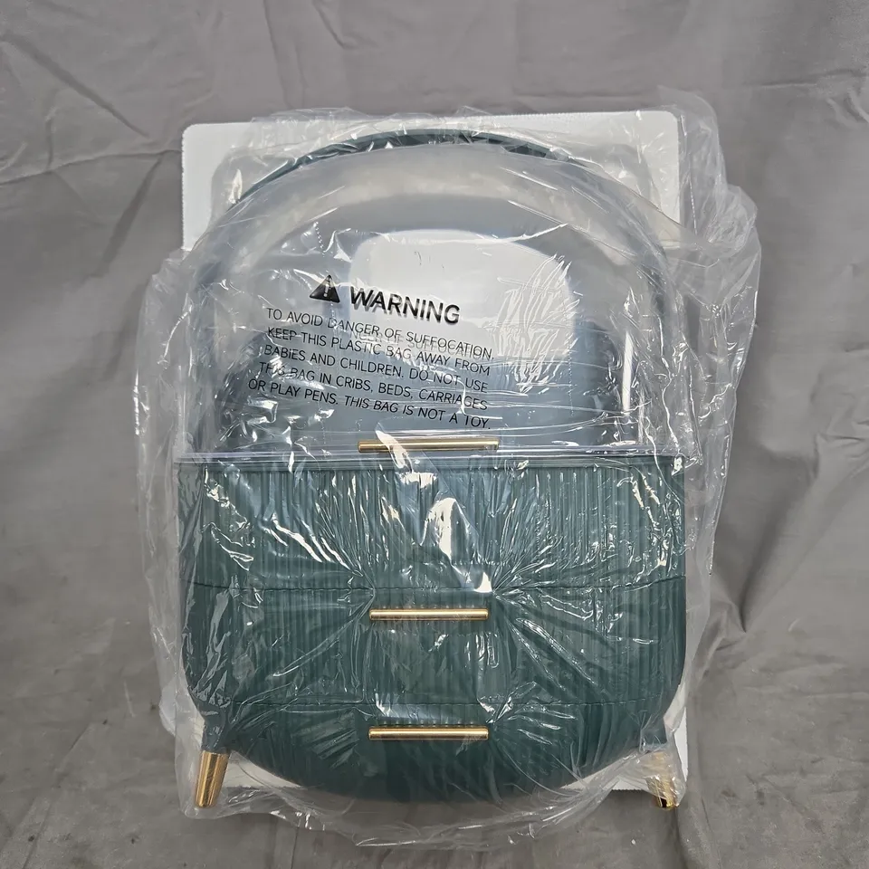 SHEONLY COSMETIC ORGANIZER – GREEN 3-DRAWER MAKEUP STORAGE WITH GOLD HANDLES 