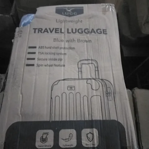 BOXED LUGG LIGHTWEIGHT TRAVEL LUGGAGE SUITCASE - BLUE & BROWN 