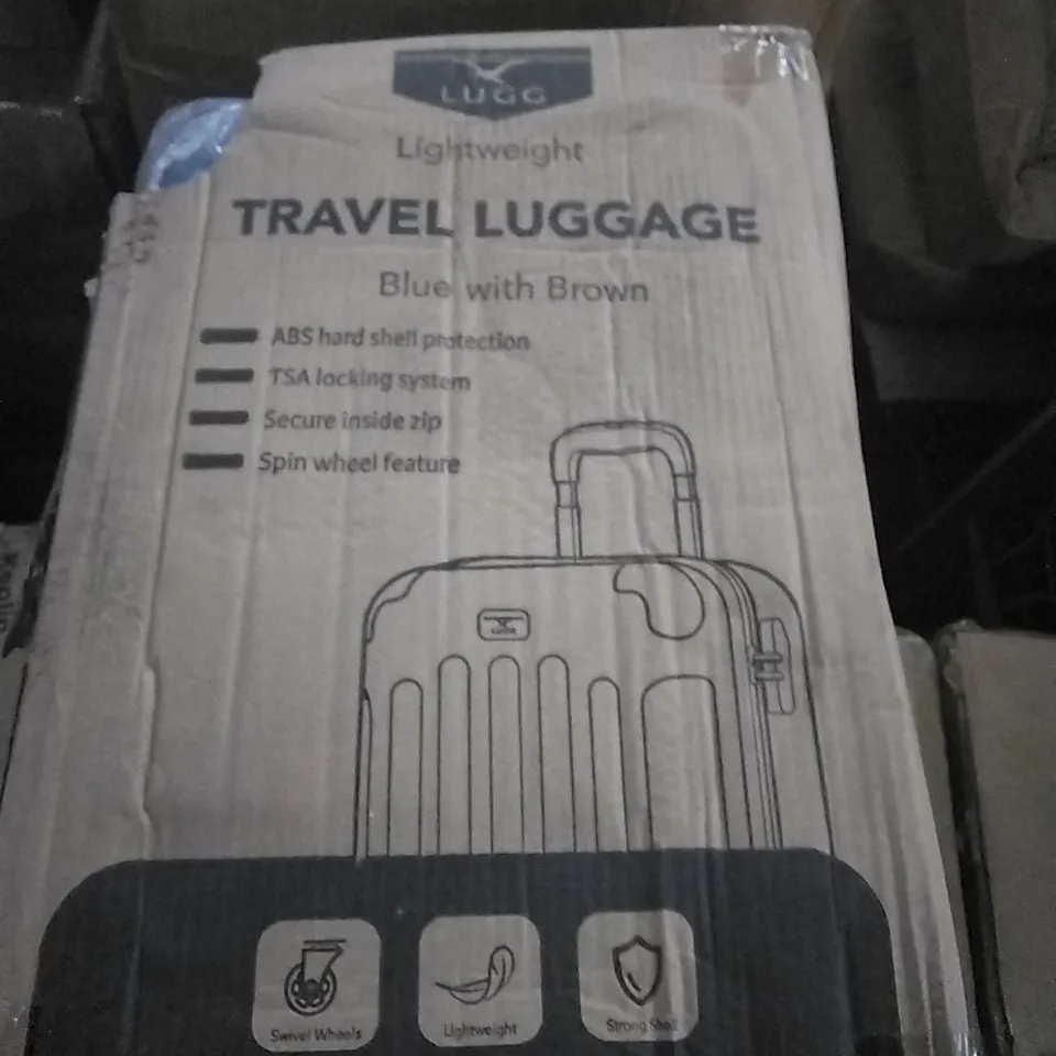 BOXED LUGG LIGHTWEIGHT TRAVEL LUGGAGE SUITCASE - BLUE & BROWN 